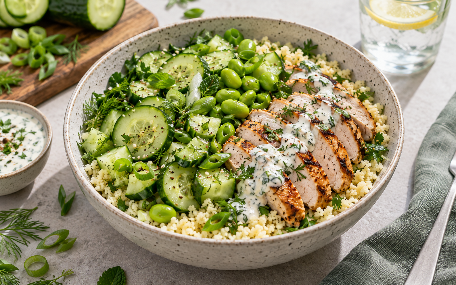 Gurken-Couscous-Bowl mit Hähnchen