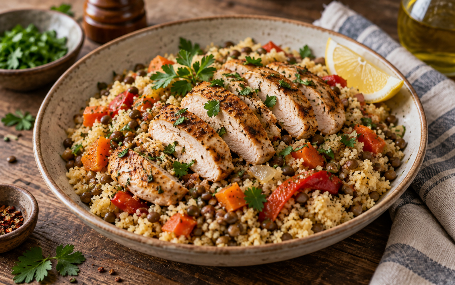 Linsen-Couscous mit Hähnchen